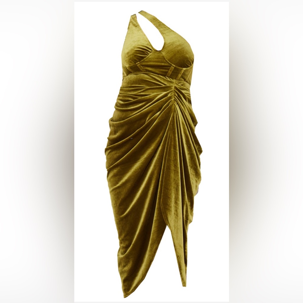 NWT Prettylittlething Olive Velvet One Shoulder Corset Dress